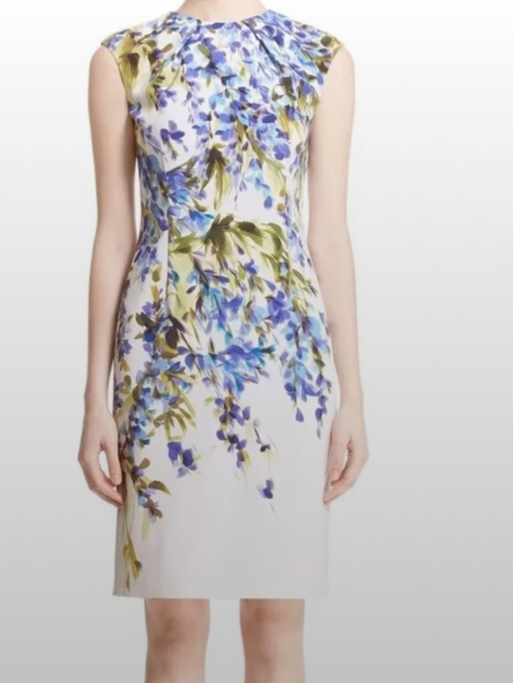 St. John White Floral Silk Sheath Dress with Blue and Green Print